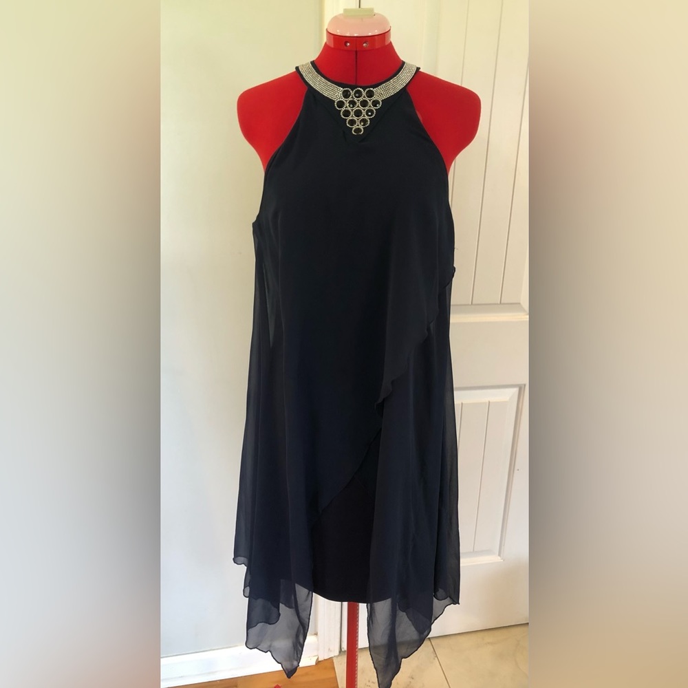 Rotita Embellished Neckline Navy Asymmetrical Hem Dress